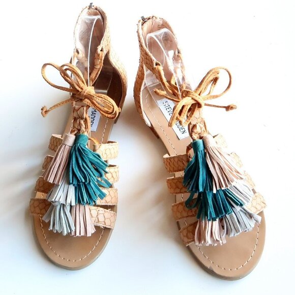 Steve Madden Monrowe Tan Leather Ankle Tie Tassel Gladiator Sandals Summer Shoes - Picture 15 of 15